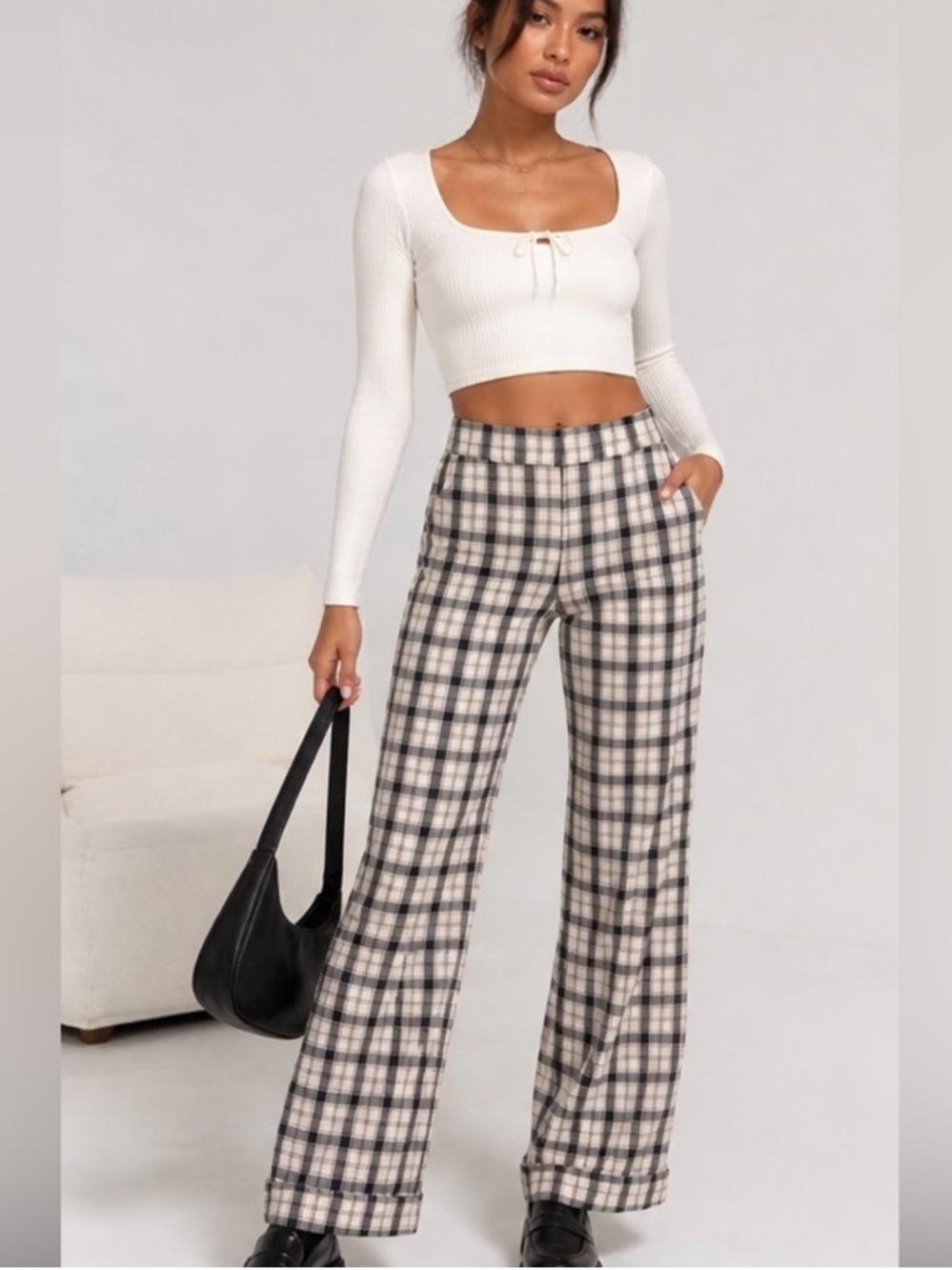 Princess Polly Plaid Wide-Leg Pants - Cream & Black size 12 Checkered